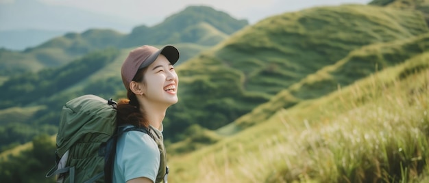 Young Asian female hiker enjoying the freedom of the great outdoors on a sunny day