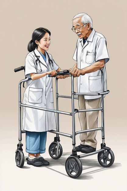 Young asian female nurse care giver helping asian senior old man with mobility walker