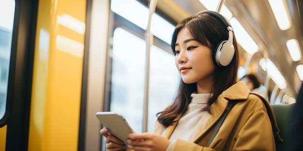 Young Asian female passenger listens to music via smartphone in a subway train while traveling in a big city