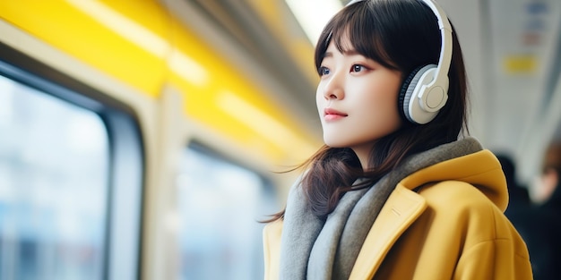 Young Asian female passenger using and listening to music via smart phone at subway station