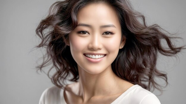 Photo young asian female professional model with perfect teeth over neutral background