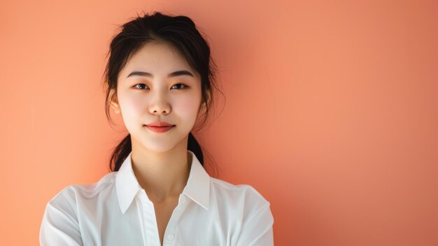 Young Asian female teacher isolated from a peach color background