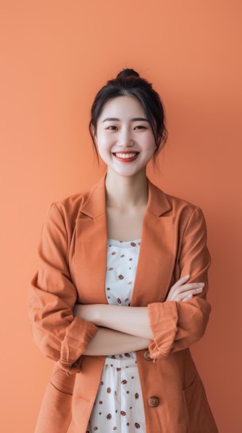 Young Asian female teacher isolated from a peach color background