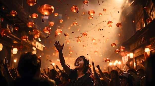 写真 中国の新年を祝う幸せな人々の群衆の中の若いアジア人少女花火コンフェッティと中国のランターン中国のドラゴン・イヤーの晩年パーティー