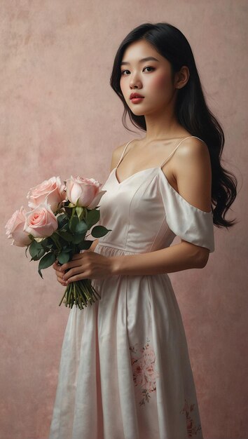 Young Asian girl holding pink roses in a white dress