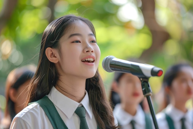 アジアの若い女の子が公演中に学校の制服を着てマイクに喜んで歌っています
