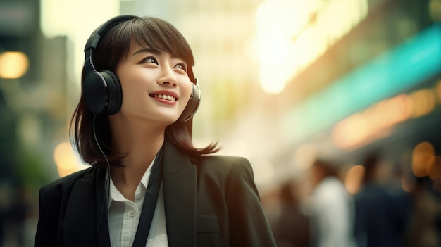 Молодая азиатская девушка в наушниках слушает музыку на заднем плане города, созданную с помощью технологии генеративного искусственного интеллекта.