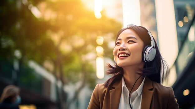 Photo young asian girl wearing headphones listening to music in the background of the city created with generative ai technology