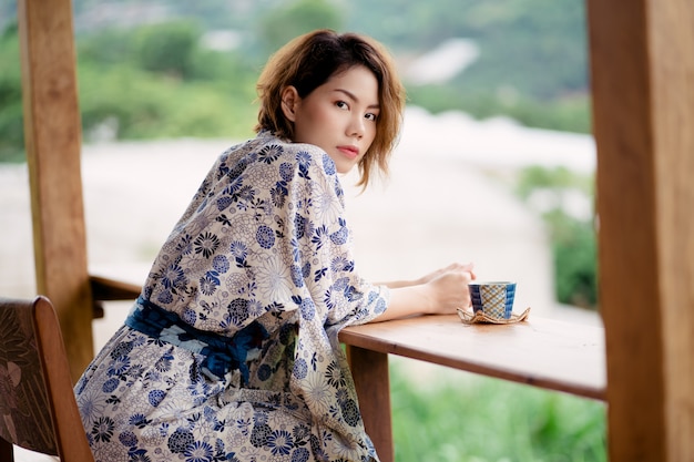 Young asian girl wearing kimono