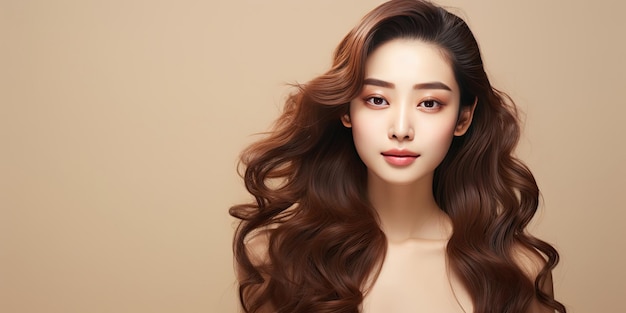 Young Asian girl with long hair with Korean makeup style touches her face and perfect skin