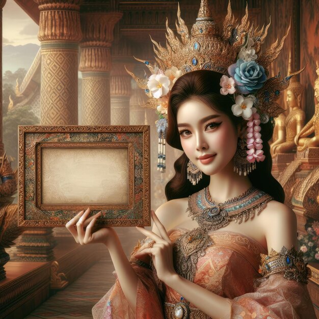 Young Asian girl with Thai traditional clothing chuttai dress holding blank sign with Generative AI