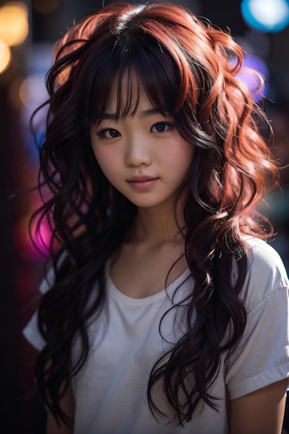 Foto giovane ragazza asiatica con i capelli selvaggi e luminosi