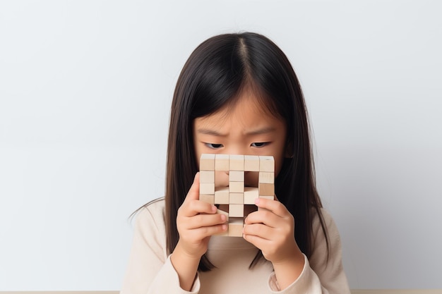 Young asian girl with wooden puzzle child mental health concept autism spectrum disorder awareness concept education on white background copy space