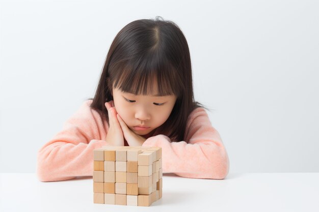 Young asian girl with wooden puzzle child mental health concept autism spectrum disorder awareness concept education on white background copy space