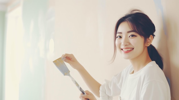 Young asian happy woman painting interior wall