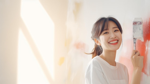 Young asian happy woman painting interior wall