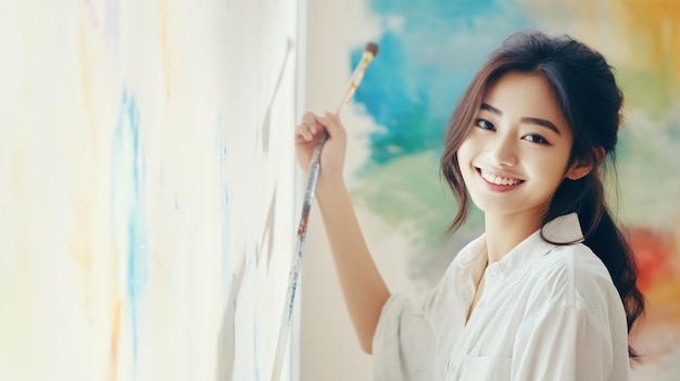 Young asian happy woman painting interior wall