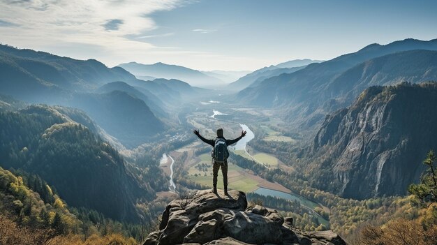 young asian hiker's back as he stands and raises his hands in happiness on the summit of a rugged mountain in the rearview mirror