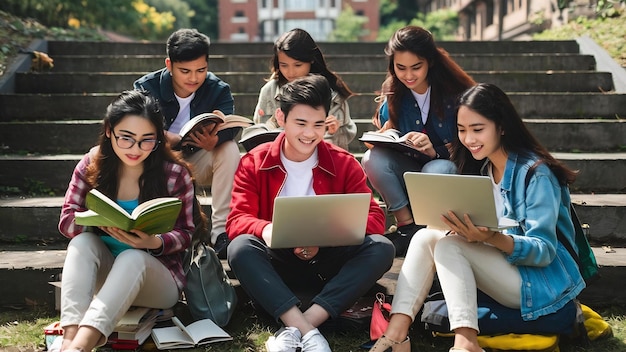 Young asian indian college students reading books studying on laptop preparing for exam or workin