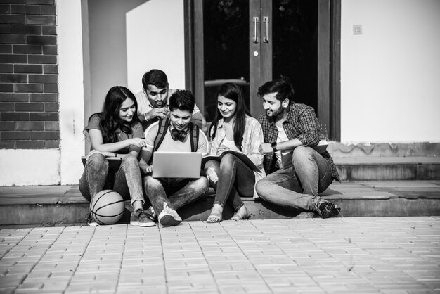 Young asian indian college students reading books, studying on\
laptop, preparing for exam or working on group project while\
sitting on grass, staircase or steps of college campus