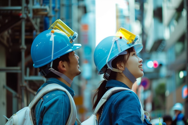 아시아 의 젊은 남자 와 여자 건설 노동자 들 이 한 순간 을 나누고 있다
