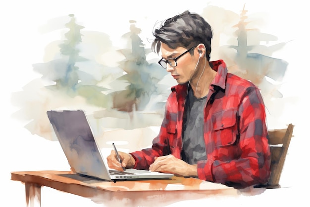 Young asian male freelancer working outdoors with laptop watercolor illustration