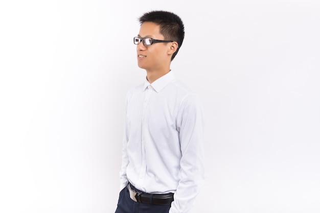 Young asian male in front of white background