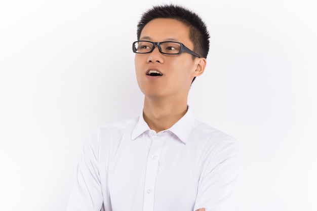 Young asian male in front of white background