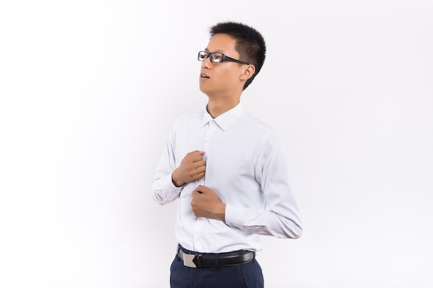 Young asian male in front of white background