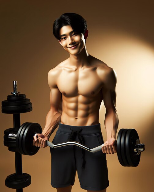 Young Asian male model bright smile good figure exercise background at the gym Generate AI