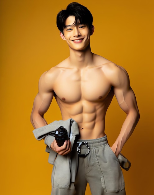 Young Asian male model bright smile good figure exercise background at the gym Generate AI