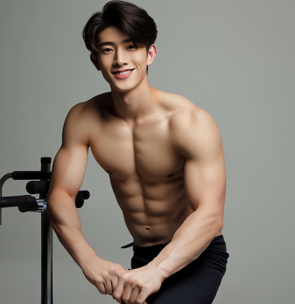 Young Asian male model bright smile good figure exercise background at the gym Generate AI