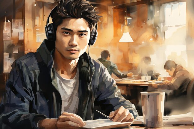 young asian male student or freelancer sitting at cafe table in headphones watercolor illustration