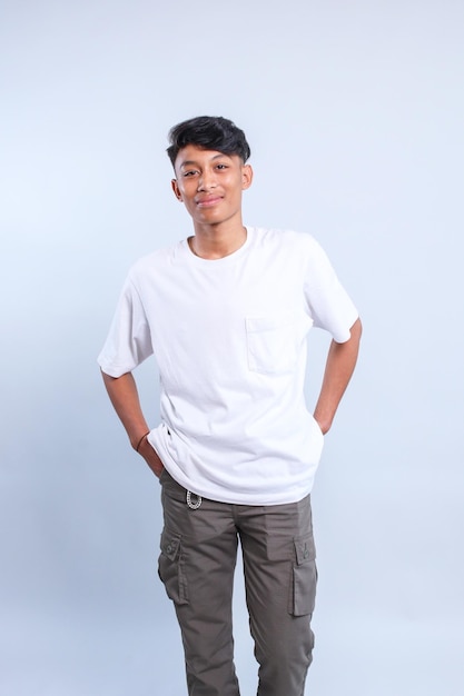 Young Asian male wearing blank white tshirt for mockup