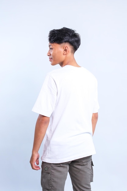 Young Asian male wearing blank white tshirt for mockup