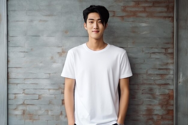 Young Asian male in white tshirt with neutral expression against a plain background