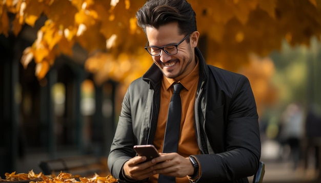 Foto giovane asiatico di 20 anni che sorride al telefono nel parco.