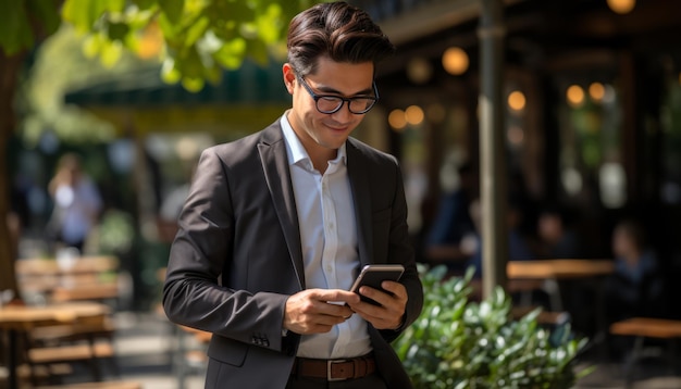 Photo young asian man 20 smiling at phone in park