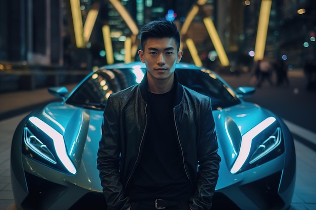 Young Asian man next to blue luxury sport car Lifestyle with racing auto in neon light nightlife