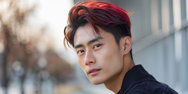 Young Asian man in casual attire with a red and black hairstyle looking off into the distance