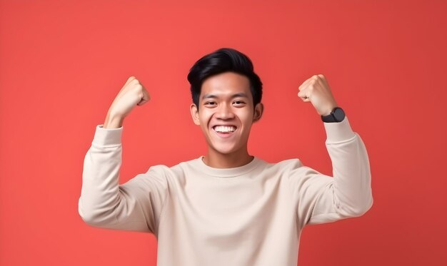 Photo young asian man clenched both fist to celebration