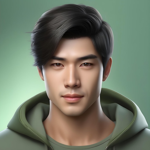 Young asian man in green hoodie 3d illustration