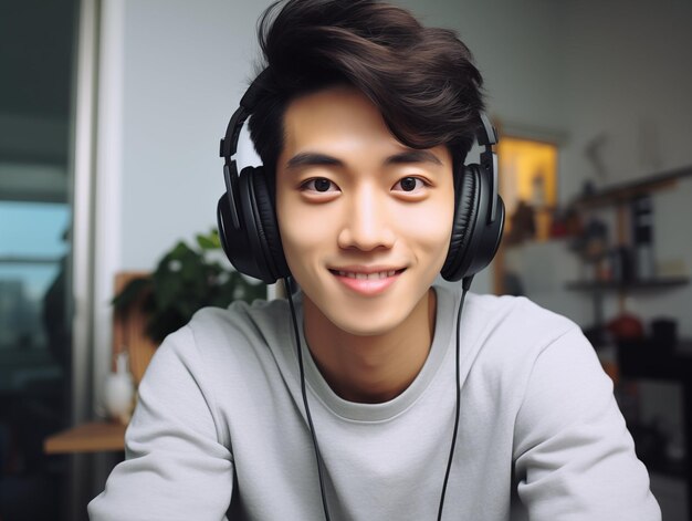 young asian man in headphones listening to music and smiling at home