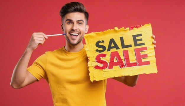 Photo a young asian man holding shopping bags and a red sale sign