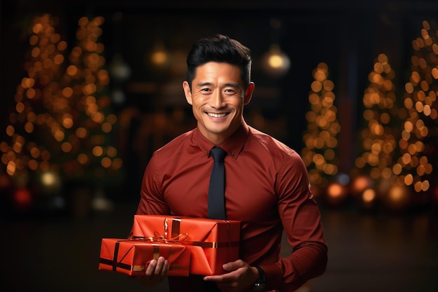 젊은 아시아 남자가 크리스마스 선물이 담긴 상자를 손에 들고 있다