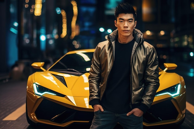 Young Asian man next to luxury sport car Nightlife