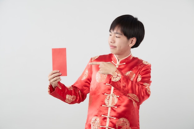 Young asian man in mandarin collar dress