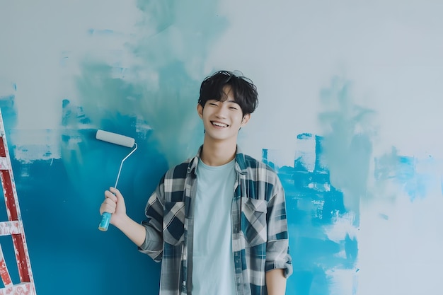 young asian man painting interior wall of new house with paint roller