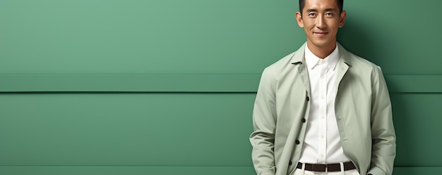 Молодой азиатский мужчина стоит на зеленом фоне AI Generated