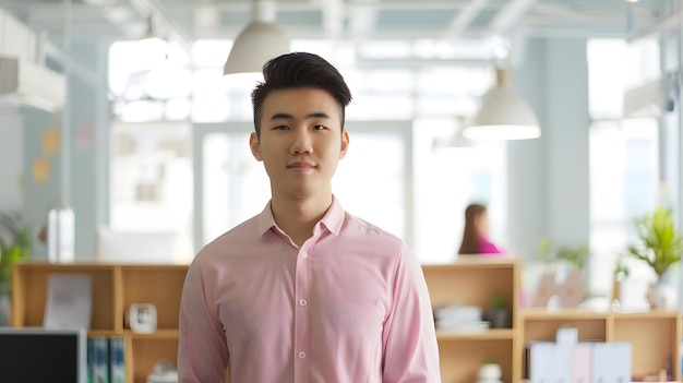 Photo young asian man stands confidently in a bright office space with copy space his casu generative ai